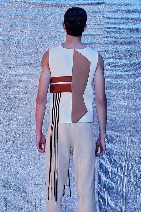 Buy_Line Out Line_Cream Cotton Deco Pattern Vest Jacket_Online_at_Aza_Fashions
