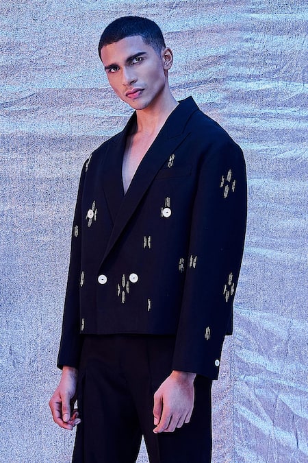 Buy_Line Out Line_Black Cotton Embroidered Cut Dana Work Crop Blazer_Online_at_Aza_Fashions