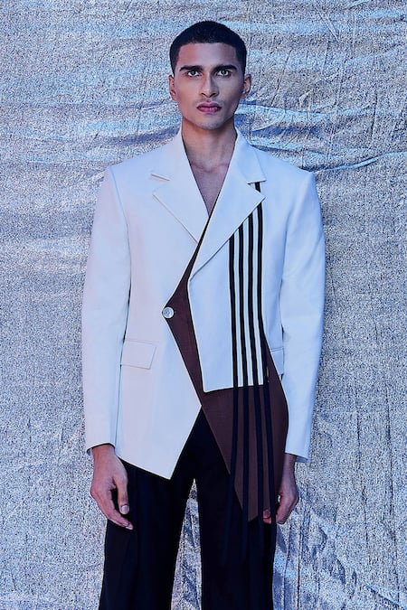 Buy_Line Out Line_White Cotton Embroidered Fringe Tassels Asymmetric Notched Collar Jacket_Online_at_Aza_Fashions