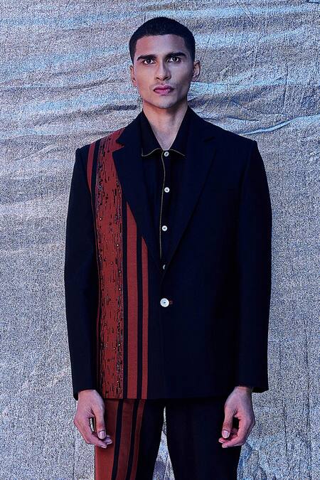 Line Out Line Black Cotton Embroidered Bead Placement Panelled Blazer Online at Aza Fashions Line Out Line_Black Cotton Embroidered Bead Placement Panelled Blazer_Online_at_Aza_Fashions