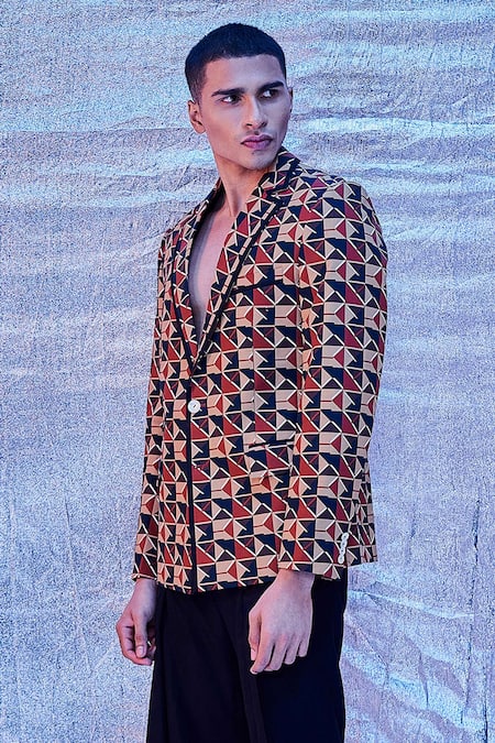Shop_Line Out Line_Brown Cotton Poplin Printed Geometric Blazer_Online_at_Aza_Fashions