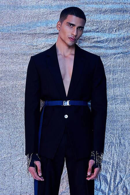 Buy_Line Out Line_Black Cotton Plain Cut Work Back Blazer_Online_at_Aza_Fashions