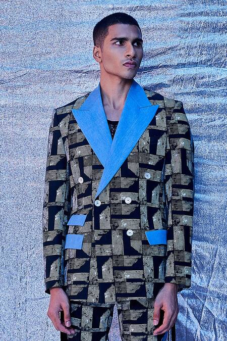 Buy_Line Out Line_Black Cotton Poplin Printed Modern Day Blazer_Online_at_Aza_Fashions