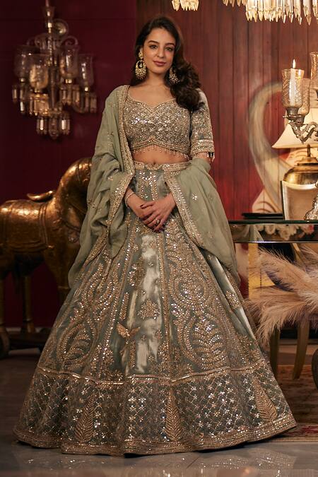 Shop_Matsya_Green Velvet Dori, Zardozi And Mirror Vintage Masai Embroidered Bridal Lehenga Set _Online_at_Aza_Fashions
