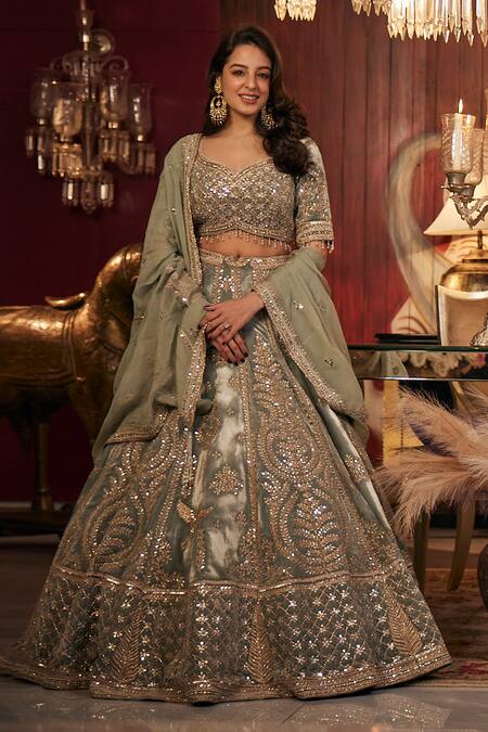 Buy_Matsya_Green Velvet Dori, Zardozi And Mirror Vintage Masai Embroidered Bridal Lehenga Set 
