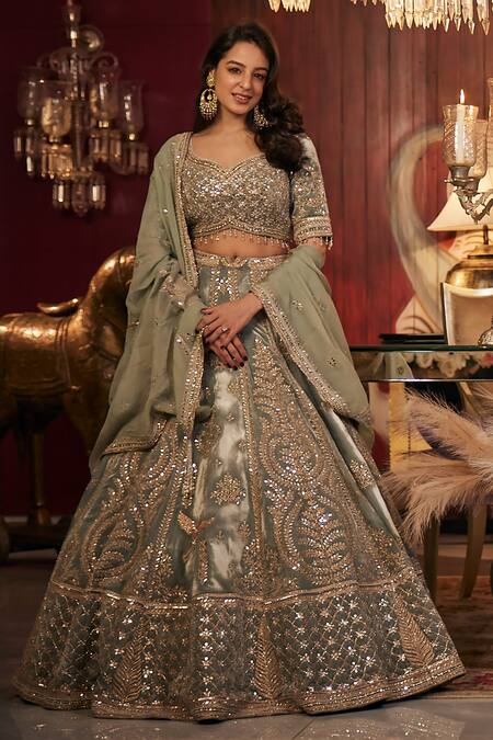 Shop_Matsya_Green Velvet Dori, Zardozi And Mirror Vintage Masai Embroidered Bridal Lehenga Set 