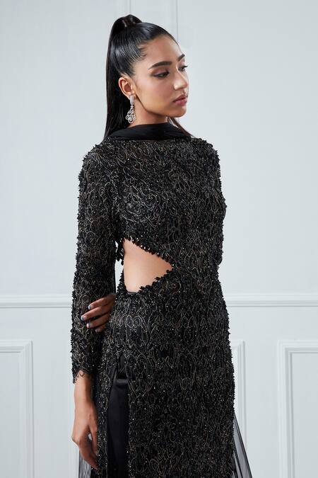 House of Exotique Black Chiffon, Lace, Satin, Net Embroidery Round Neck Embellished Kurta Set Online at Aza Fashions House of Exotique_Black Chiffon, Lace, Satin, Net Embroidery Round Neck Embellished Kurta Set _Online_at_Aza_Fashions