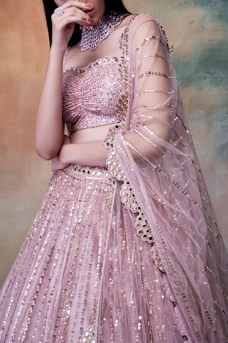 Shop Vvani By Vani Vats Pink Net Sweetheart Neck Embroidered Lehenga Set Online at Aza Fashions Shop_Vvani By Vani Vats_Pink Net Sweetheart Neck Embroidered Lehenga Set _Online_at_Aza_Fashions