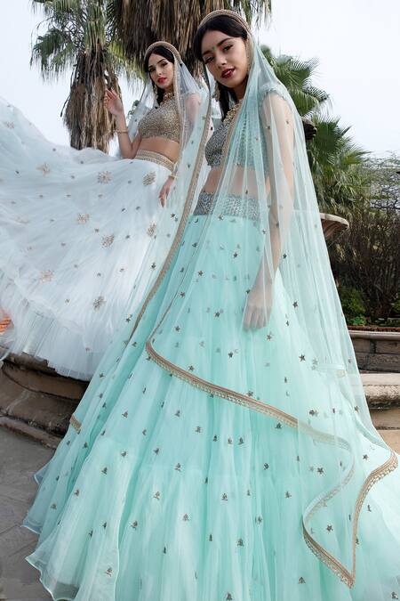 Keerthi Kadire Blue Raw Silk, Organza Scoop Neck Embroidered Lehenga Set Online at Aza Fashions Keerthi Kadire_Blue Raw Silk, Organza Scoop Neck Embroidered Lehenga Set _Online_at_Aza_Fashions