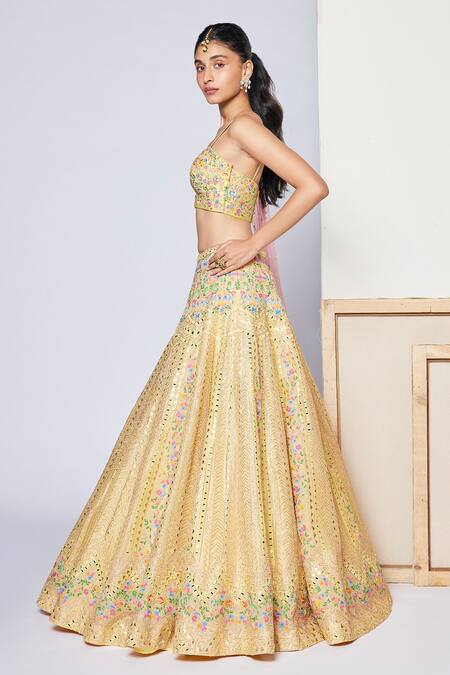 Chamee And Palak Yellow Floral Pattern Sweetheart Autumn Leaves Embroidered Bridal Lehenga Set Online at Aza Fashions Chamee And Palak_Yellow Floral Pattern Sweetheart Autumn Leaves Embroidered Bridal Lehenga Set _Online_at_Aza_Fashions