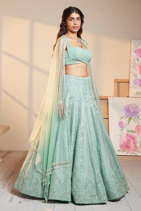Chamee And Palak_Blue Floral Pattern Sweetheart Neck Bloom Embroidered Bridal Lehenga Set_Online_at_Aza_Fashions