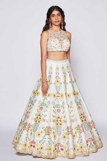 Chamee & Palak_Ivory Floral Pattern Round Bella Dona Embroidered Bridal Lehenga Set_Online_at_Aza_Fashions