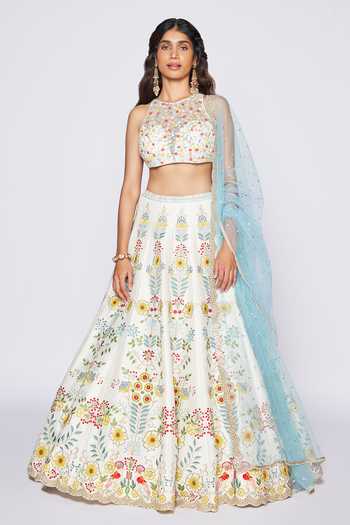 Shop_Chamee & Palak_Ivory Floral Pattern Round Bella Dona Embroidered Bridal Lehenga Set_Online_at_Aza_Fashions