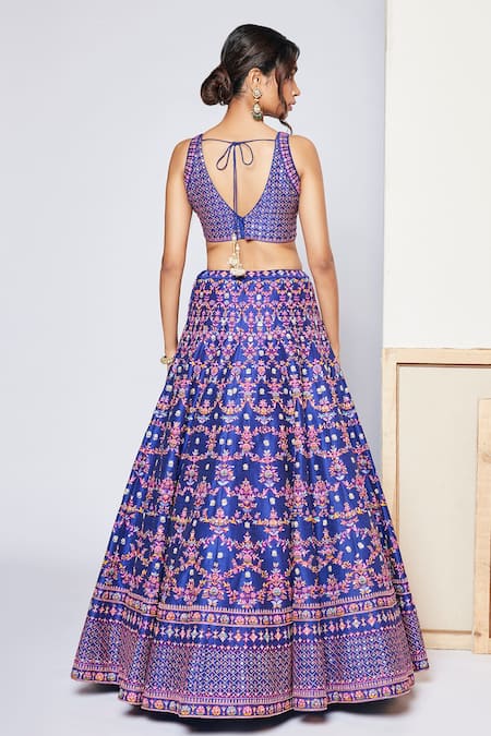 Shop_Chamee And Palak_Blue Floral Pattern Sweetheart Neck Feast Embroidered Bridal Lehenga Set _at_Aza_Fashions
