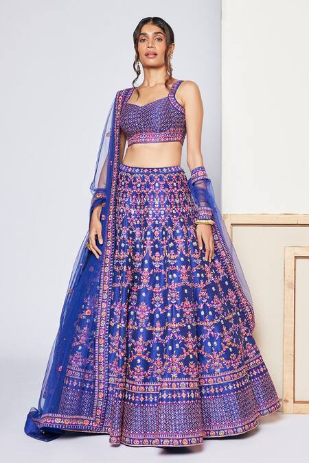 Chamee And Palak_Blue Floral Pattern Sweetheart Neck Feast Embroidered Bridal Lehenga Set _Online_at_Aza_Fashions