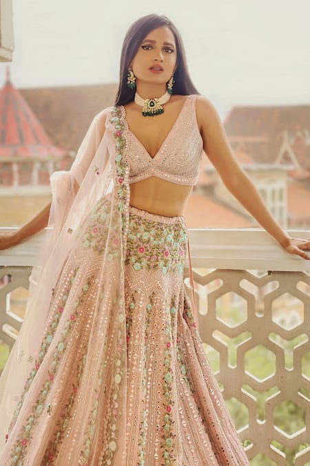 Buy Pink Embroidered Floral Pattern Water Lilies Bridal Lehenga Set For  Women by Chamee and Palak Online at Aza Fashions.