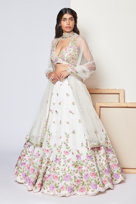 Pink and White Lehenga Choli set | Long blouse designs, White lehenga choli,  Lehenga choli