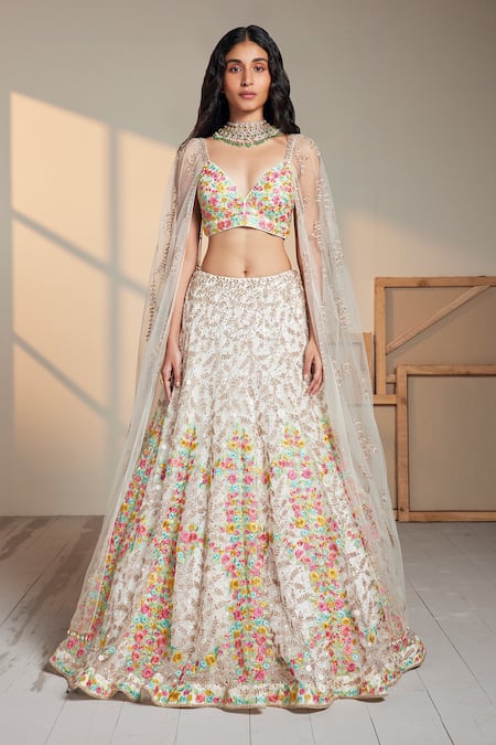 Chamee And Palak Ivory Floral Pattern Plunge V Neck Calico Embroidered Lehenga And Blouse Set