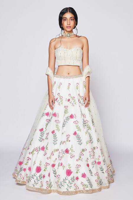 Buy_Chamee And Palak_White Floral Pattern Sweetheart Neck Basket Of Tulips Embroidered Lehenga Set_Online_at_Aza_Fashions