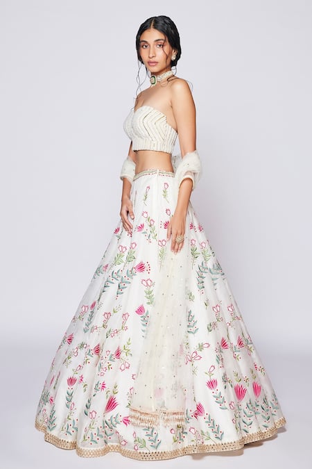 Shop_Chamee And Palak_White Floral Pattern Sweetheart Neck Basket Of Tulips Embroidered Lehenga Set_Online_at_Aza_Fashions