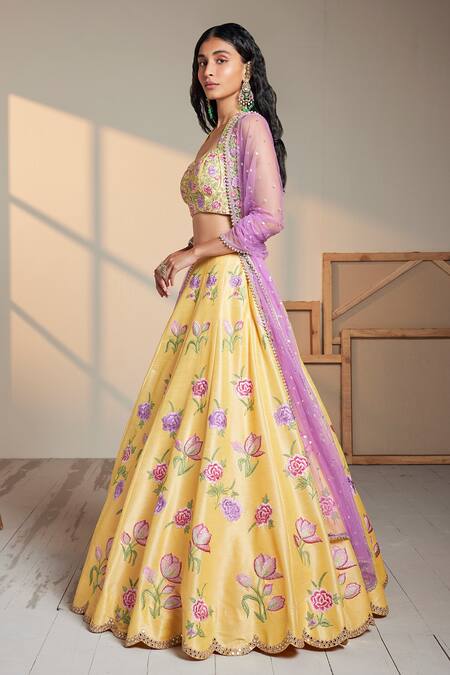 Chamee And Palak Yellow Floral Pattern Scoop Neck Flower Of Life Embroidered Bridal Lehenga Set Online at Aza Fashions Chamee And Palak_Yellow Floral Pattern Scoop Neck Flower Of Life Embroidered Bridal Lehenga Set _Online_at_Aza_Fashions