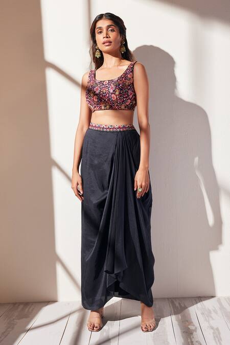 Chamee And Palak Black Blouse Silk, Jacket And Skirt Crepe Floral Kashmiri With Draped Set Online at Aza Fashions Chamee And Palak_Black Blouse Silk, Jacket And Skirt Crepe Floral Kashmiri With Draped Set _Online_at_Aza_Fashions