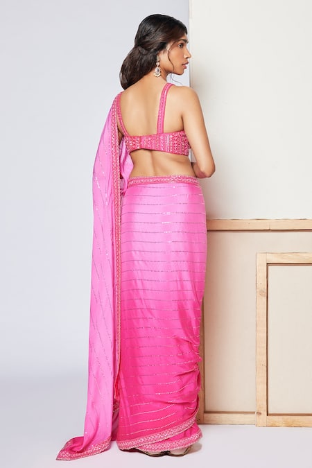 Chamee And Palak Pink Blouse Silk, Saree Georgette Sequins, Bead Plunge V Ivy With Bralette Online at Aza Fashions Chamee And Palak_Pink Blouse Silk, Saree Georgette Sequins, Bead Plunge V Ivy With Bralette _Online_at_Aza_Fashions
