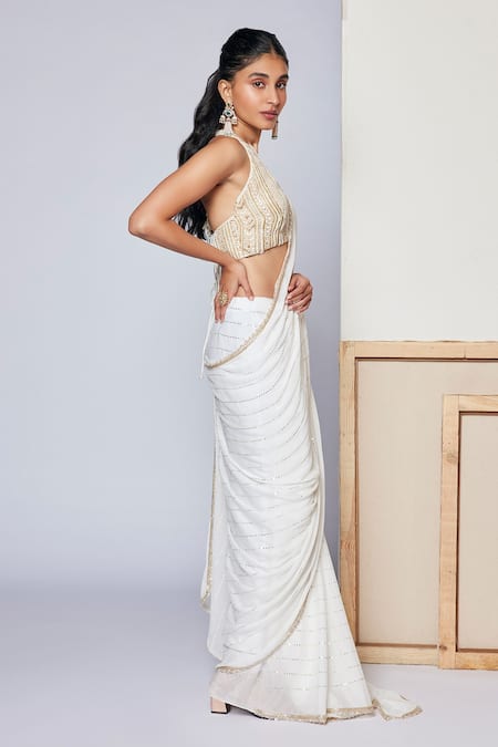 Chamee And Palak White Blouse Silk, Saree Georgette Pearls, Sequins Halter Ivy With Bralette Online at Aza Fashions Chamee And Palak_White Blouse Silk, Saree Georgette Pearls, Sequins Halter Ivy With Bralette _Online_at_Aza_Fashions