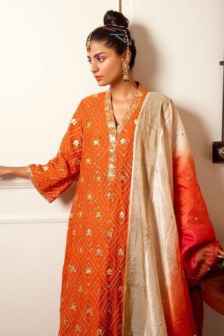 Loka By Veerali Raveshia_Orange Chanderi Silk, Tussar Silk, Cotton Mul Gota Work, Kurta Sharara Set _Online_at_Aza_Fashions