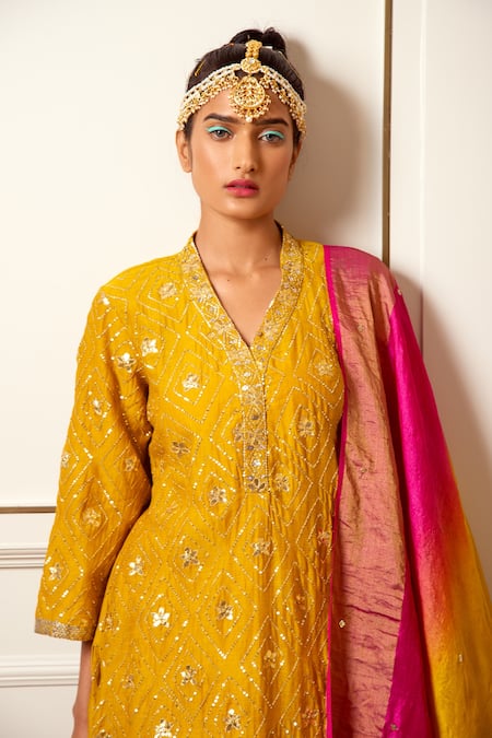 Loka By Veerali Raveshia_Yellow Chanderi Silk, Tussar Silk, Cotton Mul Gota Work, Kurta Sharara Set _Online_at_Aza_Fashions