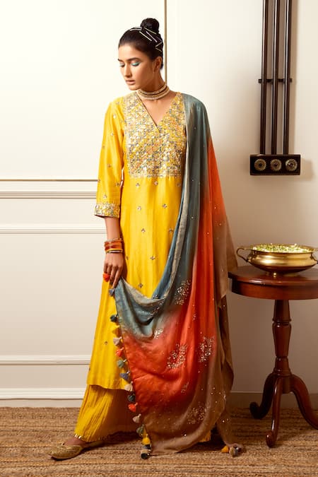 Loka by Veerali Raveshia Yellow Chanderi Silk Embroidered Sequin V Neck Kurta Sharara Set  