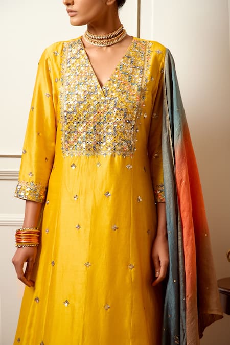Shop Loka By Veerali Raveshia Yellow Chanderi Silk, Tussar Silk, Cotton Mul Mirror, Mukaish Kurta Sharara Set at Aza Fashions Shop_Loka By Veerali Raveshia_Yellow Chanderi Silk, Tussar Silk, Cotton Mul Mirror, Mukaish Kurta Sharara Set _at_Aza_Fashions