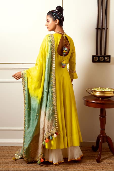 Shop Loka By Veerali Raveshia Yellow Chanderi Silk, Tussar Silk, Cotton Mul Gota Work, Anarkali Sharara Set at Aza Fashions Shop_Loka By Veerali Raveshia_Yellow Chanderi Silk, Tussar Silk, Cotton Mul Gota Work, Anarkali Sharara Set _at_Aza_Fashions
