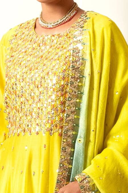 Loka By Veerali Raveshia Yellow Chanderi Silk, Tussar Silk, Cotton Mul Gota Work, Anarkali Sharara Set Online at Aza Fashions Loka By Veerali Raveshia_Yellow Chanderi Silk, Tussar Silk, Cotton Mul Gota Work, Anarkali Sharara Set _Online_at_Aza_Fashions