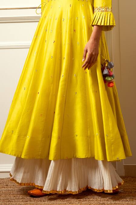 Buy Loka By Veerali Raveshia Yellow Chanderi Silk, Tussar Silk, Cotton Mul Gota Work, Anarkali Sharara Set Online at Aza Fashions Buy_Loka By Veerali Raveshia_Yellow Chanderi Silk, Tussar Silk, Cotton Mul Gota Work, Anarkali Sharara Set _Online_at_Aza_Fashions