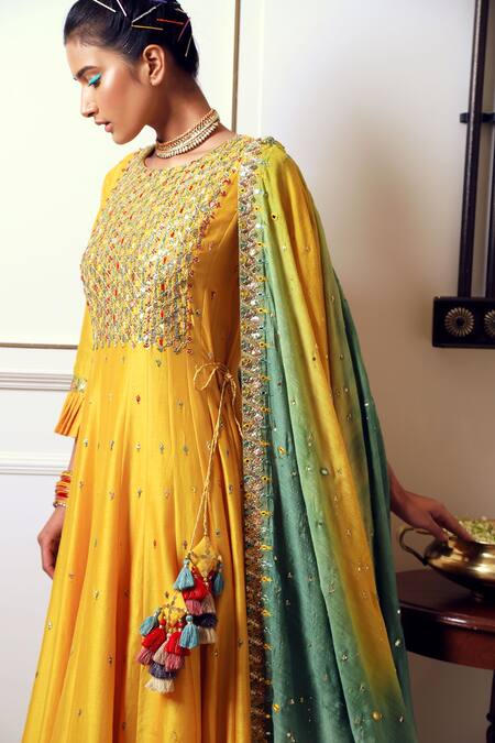 Loka By Veerali Raveshia_Yellow Chanderi Silk, Tussar Silk, Cotton Mul Gota Work, Anarkali Sharara Set _Online_at_Aza_Fashions