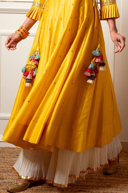 Buy_Loka By Veerali Raveshia_Yellow Chanderi Silk, Tussar Silk, Cotton Mul Gota Work, Anarkali Sharara Set _Online_at_Aza_Fashions