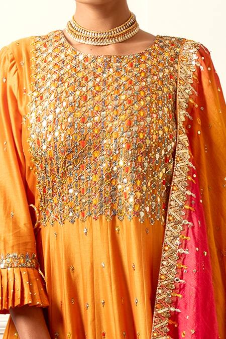 Loka By Veerali Raveshia_Orange Chanderi Silk, Tussar Silk, Cotton Mul Gota Work, Anarkali Sharara Set _Online_at_Aza_Fashions
