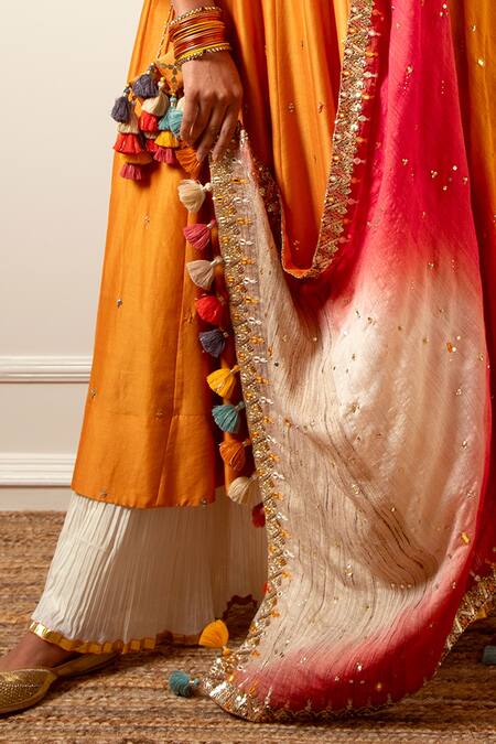 Buy_Loka By Veerali Raveshia_Orange Chanderi Silk, Tussar Silk, Cotton Mul Gota Work, Anarkali Sharara Set _Online_at_Aza_Fashions