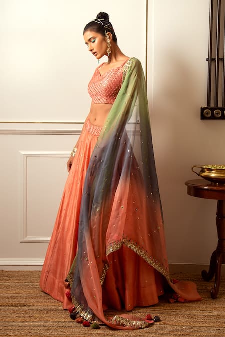 Shop Loka By Veerali Raveshia Pink Organza, Dupion , Chanderi Mirror Work, Sequins, Lehenga Set at Aza Fashions Shop_Loka By Veerali Raveshia_Pink Organza, Dupion , Chanderi Mirror Work, Sequins, Lehenga Set _at_Aza_Fashions