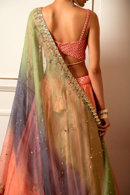 Loka By Veerali Raveshia Pink Organza, Dupion , Chanderi Mirror Work, Sequins, Lehenga Set Online at Aza Fashions Loka By Veerali Raveshia_Pink Organza, Dupion , Chanderi Mirror Work, Sequins, Lehenga Set _Online_at_Aza_Fashions