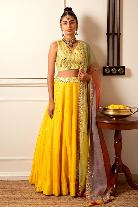 Loka by Veerali Raveshia Yellow Chanderi Silk Embroidered Resham Work V Mirror Lehenga Set  