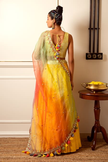 Shop Loka By Veerali Raveshia Yellow Organza, Dupion , Chanderi Mirror Work, Resham Work, Lehenga Set at Aza Fashions Shop_Loka By Veerali Raveshia_Yellow Organza, Dupion , Chanderi Mirror Work, Resham Work, Lehenga Set _at_Aza_Fashions
