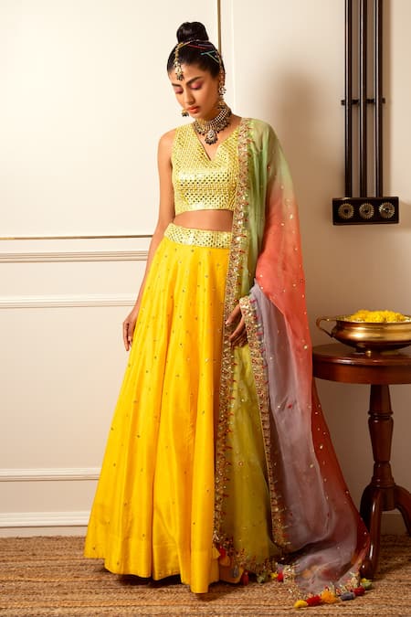 Loka By Veerali Raveshia Yellow Organza, Dupion , Chanderi Mirror Work, Resham Work, Lehenga Set Online at Aza Fashions Loka By Veerali Raveshia_Yellow Organza, Dupion , Chanderi Mirror Work, Resham Work, Lehenga Set _Online_at_Aza_Fashions