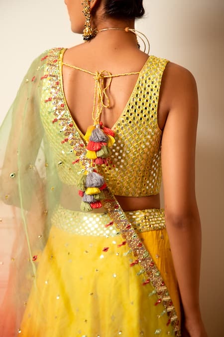 Shop Loka By Veerali Raveshia Yellow Organza, Dupion , Chanderi Mirror Work, Resham Work, Lehenga Set Online at Aza Fashions Shop_Loka By Veerali Raveshia_Yellow Organza, Dupion , Chanderi Mirror Work, Resham Work, Lehenga Set _Online_at_Aza_Fashions