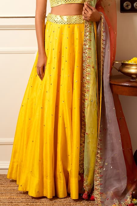 Loka By Veerali Raveshia Yellow Organza, Dupion , Chanderi Mirror Work, Resham Work, Lehenga Set at Aza Fashions Loka By Veerali Raveshia_Yellow Organza, Dupion , Chanderi Mirror Work, Resham Work, Lehenga Set _at_Aza_Fashions