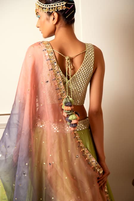 Shop Loka By Veerali Raveshia Green Organza, Dupion , Chanderi Mirror Work, Resham Work, Lehenga Set at Aza Fashions Shop_Loka By Veerali Raveshia_Green Organza, Dupion , Chanderi Mirror Work, Resham Work, Lehenga Set _at_Aza_Fashions