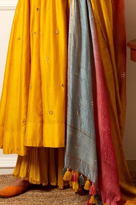 Buy_Loka By Veerali Raveshia_Yellow Chanderi Silk, Tussar Silk, Cotton Mul Sequin, Anarkali Sharara Set _Online_at_Aza_Fashions
