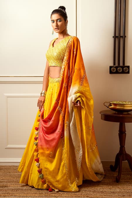 Loka By Veerali Raveshia_Yellow Organza, Dupion , Chanderi Gota Patti, Mirror Work, Lehenga Set _Online_at_Aza_Fashions