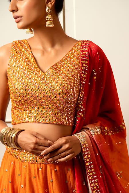 Loka By Veerali Raveshia_Orange Organza, Dupion , Chanderi Gota Patti, Mirror Work, Lehenga Set _Online_at_Aza_Fashions